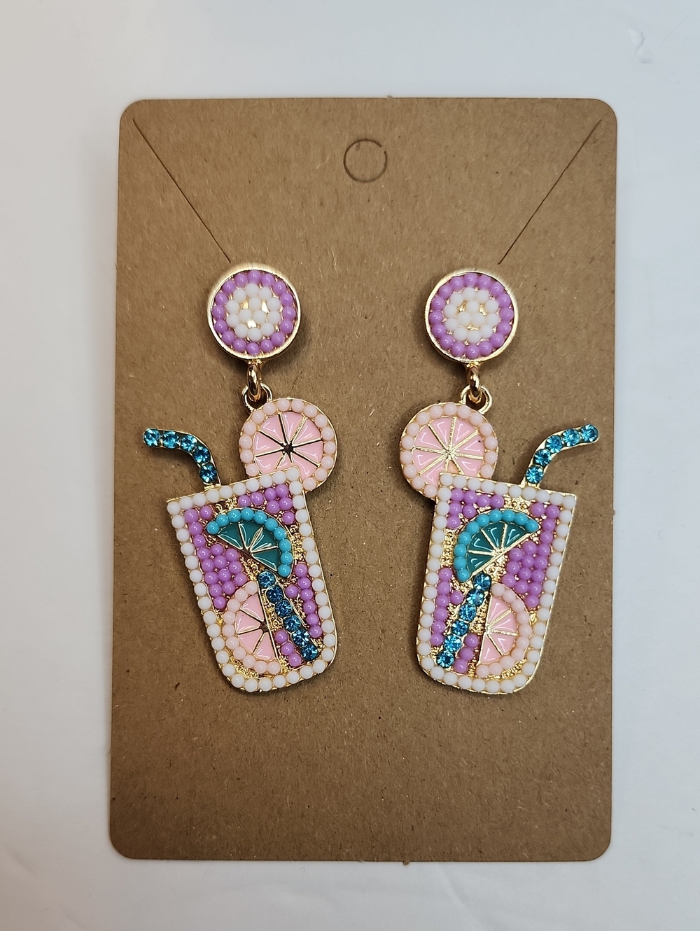 Beaded Tropical Drink Dangle Earrings Pink Teal Purple